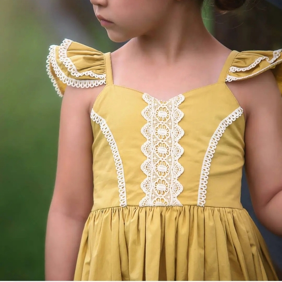 Girls' Mustard Yellow Lace-Trim Party Dress - Picture 6 of 9